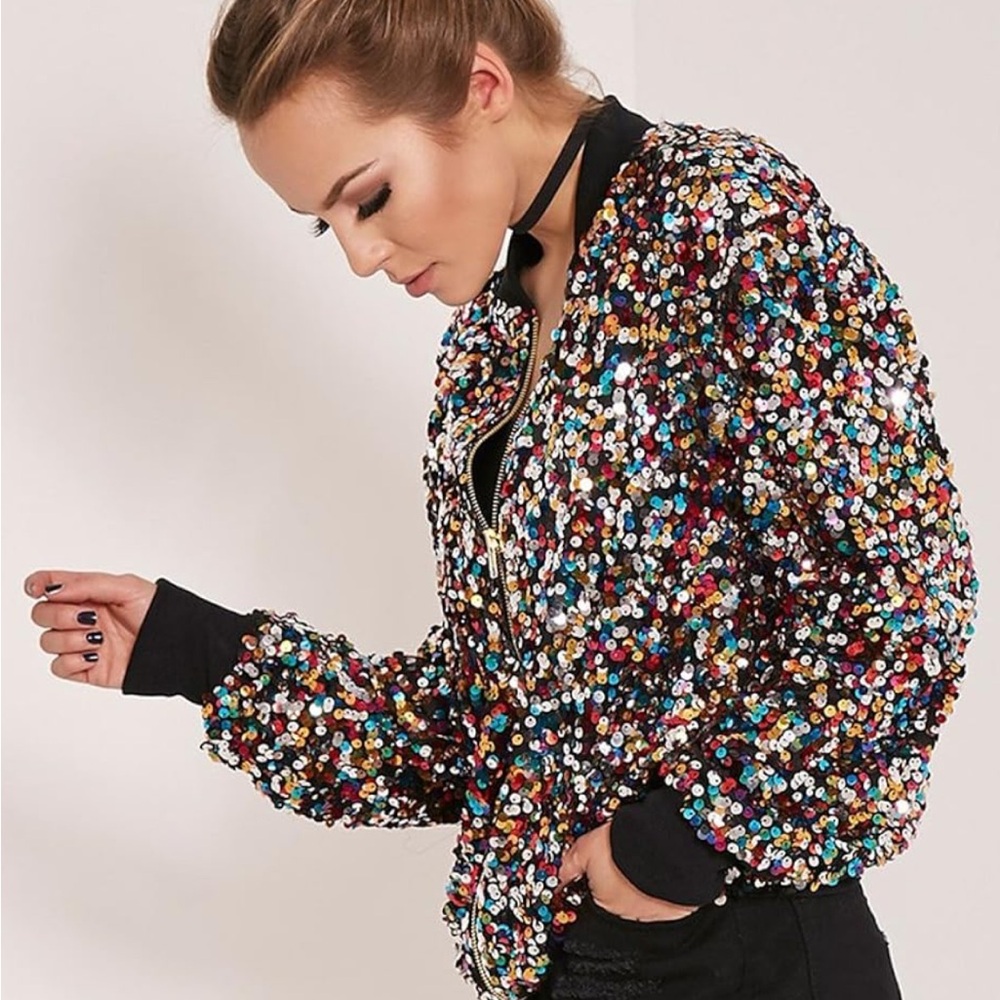 Cresay Sequin Bomber Jacket in Silver and Multicolor Size XXL